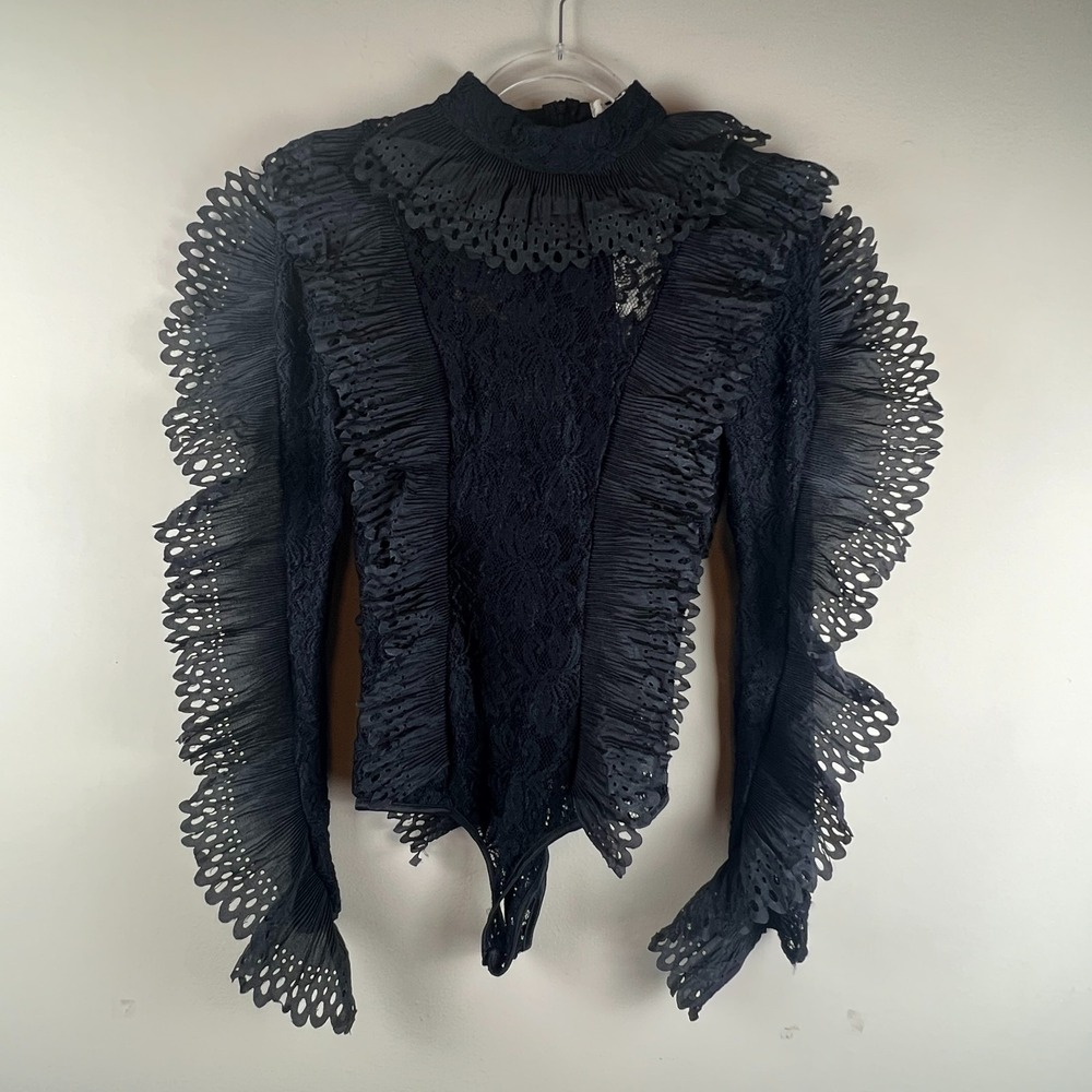 NWT The Sang Black Lace Ruffle Bodysuit Sheer Victorian Goth Romantic